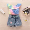 Conjuntos de roupas Bebê Children039s Girl039s Mangas Ruffled Barco Pescoço Colorido Tops Curtos com Jeans Rasgados para Summer1565821