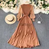 Basic Casual Dresses New Women Elegant Maxi Dress Spring Summer Patchwork Puff Long Sleeve Pleated Muslim Long Dresses Ladies Party Dress 220310 240304