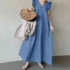 Dress Women Denim Solid Dress 2023 Summer New Vintage Simple Sleeveless Long Dresses Female Casual Simple Loose ALine Dress