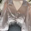 Skjorta elegant satin fluffiga tofsar långärmad blus chic vintage koreansk mode skörd topp kvinnor vår sommar tröjor gotiska kläder