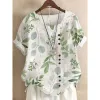 Blusa de material sintético botão flor camisa verão feminino casual manga curta pulôver branco topos confortável respirável shir