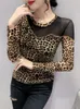 Women's T Shirts Spring Autumn TShirts Slim Fit Round Collar Printed Leopard Patched Mesh Long Sleeve T-shirt Women Trendy Tops