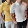 Elastisches, schlankes, atmungsaktives, gestricktes, solides Polo-Shirt für Herren, kurzärmelig, Sommermode, übergroße Kleidung, Schwarz, Weiß, Gelb, schlicht, cool 240223