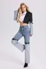 Dames tweedelige broek denim patchwork jas dames jeans hoge taille recht PU lederen gesp mode streetwear trend broeksets