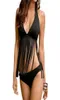 Tassel Hollow Deepv Black Strappy Bikini wycięte nadruk Fringe Bikines Bikini Bikini Ladies Swimsuit Thong Swim Push Up B8477244