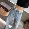 Women's Jeans new Jeans Straight Leg Low Rise Trousers Miu Roll Waist Embroidery Designer Pants Look Thin and Cover Your Hips 240304