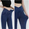 Taille haute poches croisées denim fitness pantalon coupe ajustée élastique jambe large pantalon pour tenue décontracté pantalon de yoga