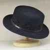Berets Vintage Wool Felt Boater Hat Black Wide Brim Hats For Women Western Lace Flower Belt Chapeu Fedora