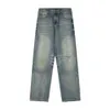 B Home Paris Correct High Version 24S New Worn Hole Jeans Straight Leg Trouser Heavy Industry Mud Dyed Couple Style s