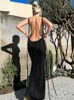 Hugcitar Swing Collar Backless Sleeveless Drawstrings Hollow Out Slit Sexy Maxi Prom Dress 2023 Summer Women Party Y2K Robe