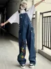 Jeans Jeans Loose Straight Strap Blue Denim Hip Hop Suspender Trousers Streetwear Female Print Jumpsuit 240304