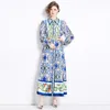 Woman Print Vintage Cardigan Button Maxi Dress Long Sleeve Designer Elegant Slim Belted Retro Floral Dresses Lapel Neck Office Casual Party Clothes Frocks Spring