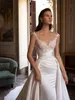 Alonlivn Luxury Satin Illusion v-Neck Mermaid Wedding Dress Beading Pearls Embroidery Lace Sreeveless 2 in 1 Bridal Gowns