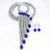 Dudo boa qualidade prata/azul real/fúcsia luxo cristal frisado colar brincos pulseira moda feminina africana conjunto de jóias de festa