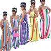 Basic Casual Dresses Designer Women Casual Dresses With Headscarf Sexy Sling Sleeveless Colourful Stripe Printed Sundress Wedding Maxi Dress 240304