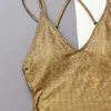 Mulheres de banho cor sólida ouro brilhante maiô para mulher sexy sem costas um pedaço biquíni cintura alta oco para fora 2024 verão beachwear