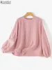 Tops ZANZEA Fashion Puff Sleeve Muslim Blouse Woman ONeck Solid Color Shirt Elegant Abaya Kaftan Tops Casual Islamic Clothing 2023