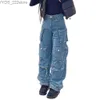 Jeans Cargo Midden Taille Vintage Blauw Losse Street chic Baggy Meerdere zakken Jeans Hip Hop Y2k Rechte broek 240304