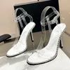 PVC Sexig stilettkvinnor Sandaler Buckle Strap Patted Ankel Wrap Party Wedding Shoes Brud Thin Heels Femme