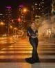 2024 Sparkly Black Mermaid Prom klär Arabiska afrikanska spetsar Sekvensinerade ensamma långa ärmkvinnor plus storlek formella aftonklänningar