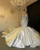 Lyxiga sydafrikanska arabiska sjöjungfrun bröllopsklänningar aso ebi pärlor paljetter spetsapplikationer ruched plus size brud klänningar långa ärmar vestidos de boda