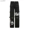 Dżinsowe dżinsy dżinsy y2k punk czaszka druk czarny bandaż klamra harajuku wysoka talia duże kieszonkowe spodnie dżinsowe spodnie goty