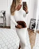 Abiti casual Moda Abito maglione lavorato a maglia Donna Sexy scollo a V Slim Maxi manica lunga aderente a costine Bianco Nero Donna Streetwear1974887