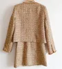 AW Arrive femmes deux pièces ensembles Camel doré Tweed col rond manteau Slip Mini robe avec paillettes et diamants 240223