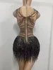 Scene Wear Black Tassel Rhinestones Bodysuit Women Singer Skinny Leotard Nightclub Performance Dance Costume Rave Festival Outfit