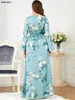 Casual Dresses Elegant Women's For Party 2024 Floral Printed V-Neck Tape Trim Belted Kaftan Muslim Abaya Dress Dubai Ramadan