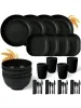セット32pcs黒いプラスチックカトラリーセットプレート皿皿ボウルカップカトラリー4セット屋外キャンプパーティー