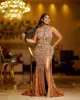 2024 Plus Size Árabe Aso Ebi Ouro Luxuoso Sereia Vestidos de Baile Frisado Cristais Noite Festa Formal Segunda Recepção Aniversário Vestidos de Noivado Vestido