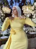 Unique Asymmetrical Hem Prom Dresses 2024 Yellow Muslim Formal Dress Jewel Neck Long Sleeve Mermaid Party Gowns 326 326