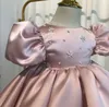 Jewel Satin Knee-length Short Sleeve Flower Girls' Dress Princess Wedding Party Christmas Dresses Girls' First Birthday Dresses