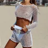 Visnet bikini cover-ups sexy doorzichtige twee stukken strandkleding dames korte pakken sarongs215b