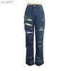 Jeans femininos mulheres jeans mulheres outono inverno europeu e americano moda cintura natural personalidade rasgada perna reta calças 240304