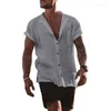 Camisas casuais masculinas verão sólido algodão camisa de linho elegante negócios solto manga curta bolso turn colar para roupas masculinas