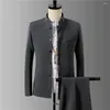 Herrenanzüge im chinesischen Stil, solide, modisch, lässig, Stehkragen, Blazer, Jacke, Hose, 2-teiliges Set, Business-Hochzeit, männlicher Anzug, schmale Passform