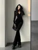 TVVovvin Fashion Black Velvet Slim Hooded dragkedja långärmad flare byxor Jumpsuit Rompers koreanska sexiga toppar 9p64 240304