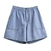 Calças femininas cintura alta denim perna larga cinco pontos verão estilo coreano retro cor sólida grande bolso simples solto plus size
