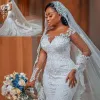 Luxury Lace Mermaid Wedding Dresses Sheer Long Sleeves Pearl Beaded Wedding Dresses African Plus Size Brudklänningar BC15031