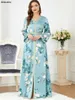 Sukienki swobodne Eleganckie damskie na imprezę 2024 Kwiatowy nadruk taśma V-nutka Wykończenie paska Kaftan muzułmańska sukienka Dubai Ramadan