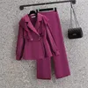 Плиссированная шифоновая рубашка с рюшами по краям, повседневные широкие брюки, элегантный женский комплект из двух предметов, офисная профессиональная одежда 240226