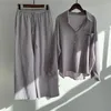 Calças femininas 2024 algodão linho dois pedaços define mulheres outifits outono elegante solto manga longa lapela camisas feminino terno oversized S-5XL