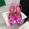 Sandales de créateurs Amina Muaddi Chaussures habillées Satin pointu Slingbacks Pompes Bowtie Cristal-Tournesol Chaussure à talons hauts 10cm Femmes Luxe Fête Mariage