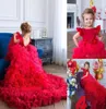 2021 Red Flower Girls039 Платья Конкурсное бальное платье с оборками и короткими рукавами Многоярусная юбка с жемчужным вырезом из органзы Цветы ручной работы Рождение4323665