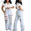 Women's Jeans Womens Fashion High Waist Jeans Shredded Hole Edging Straight Trousers Distressed Boyfriend Ripped Jeans for Women S-2XL 240304