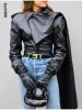 Jackor Fashion Scarf Collar Pu Leather Cape Jacket Kvinnor Retro Splicing Lång ärm Slim Coat 2024 Ny kvinnlig Motor Bike Street Outwear