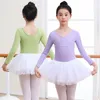Bühnenkleidung Kind Mädchen Ballett Trikot mit Tutu Tüll Rock Tanzen langärmelige Tanzkostüme V-Ausschnitt Nylon Mädchen Übungskleidung Korea