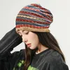 Berets Weather Beanie Chapéu Inverno Térmico Retro Listrado Color Block Mulheres com forro de lã grosso elegante para orelha